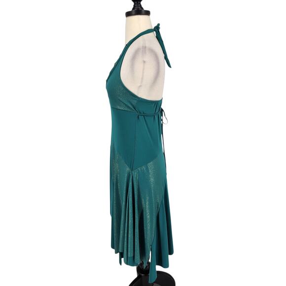 Y2K Fairycore Halter Dress Teal Gold Gem Detail Tiered Handkerchief Hem MED - Picture 5 of 7